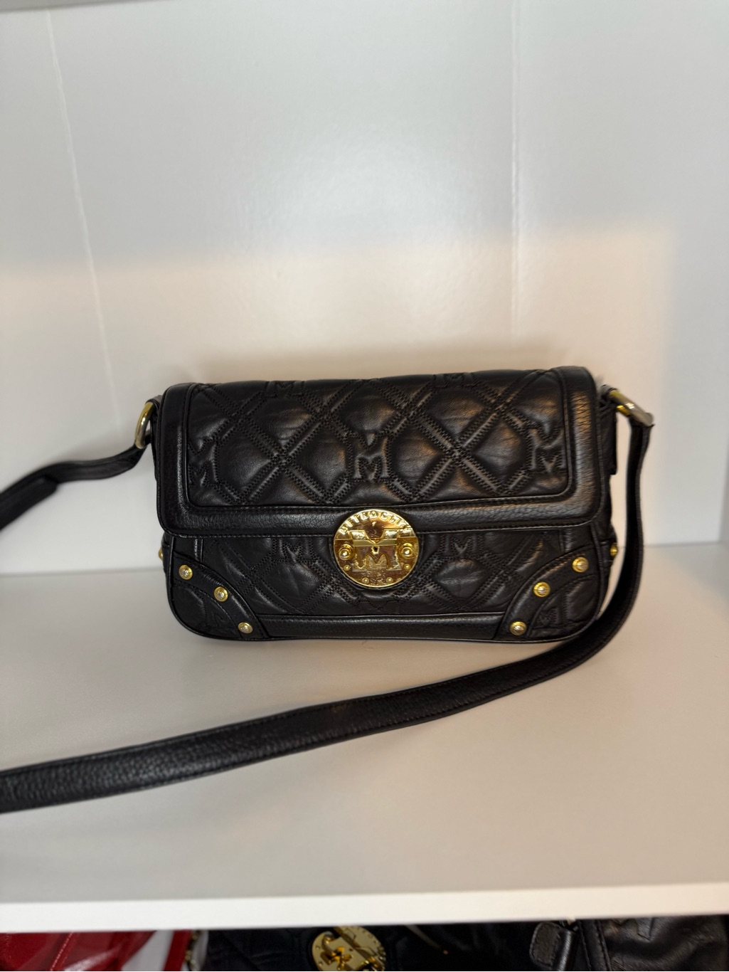 Metrocity Black Quilted Crossbody Bag With Gold Medallion